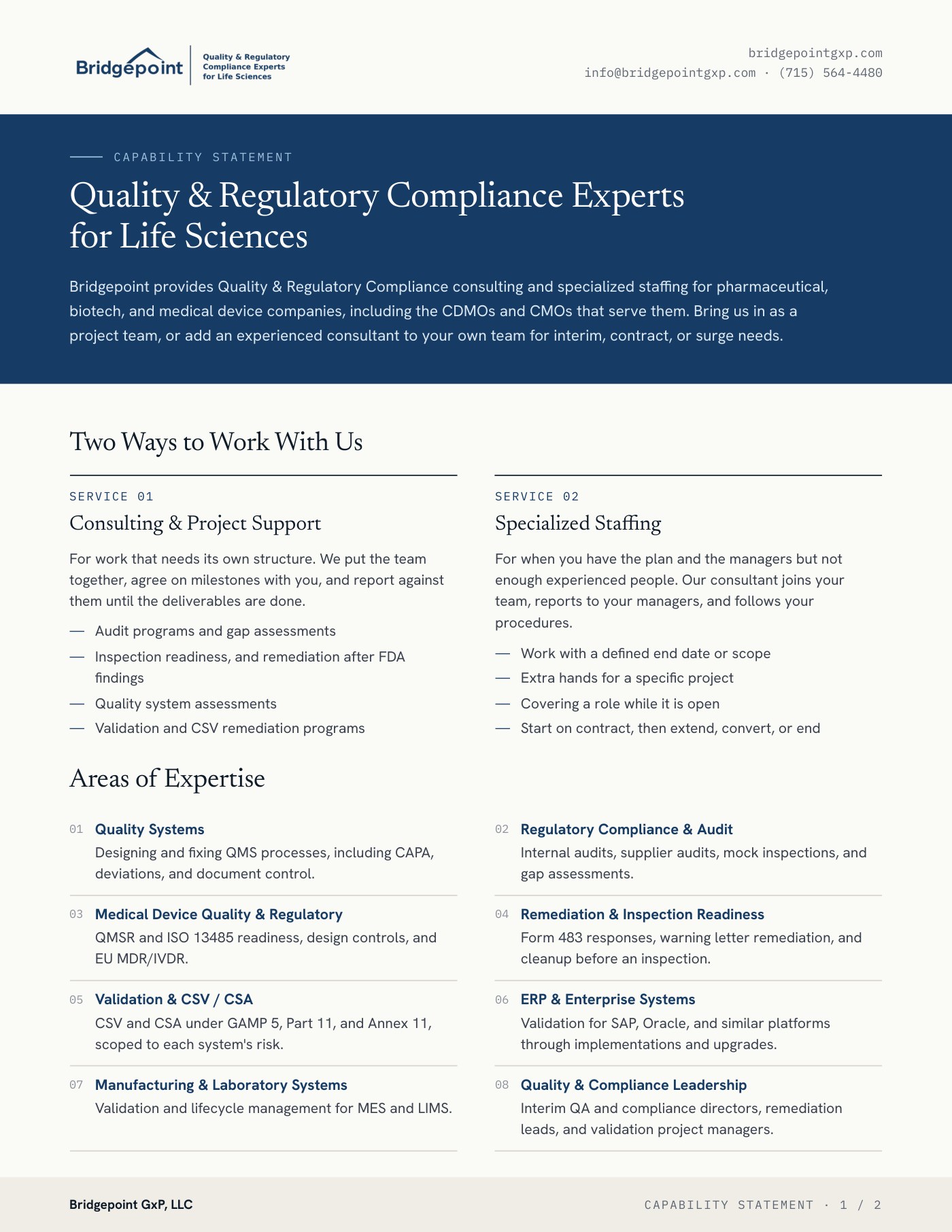 Bridgepoint capability statement, page 1