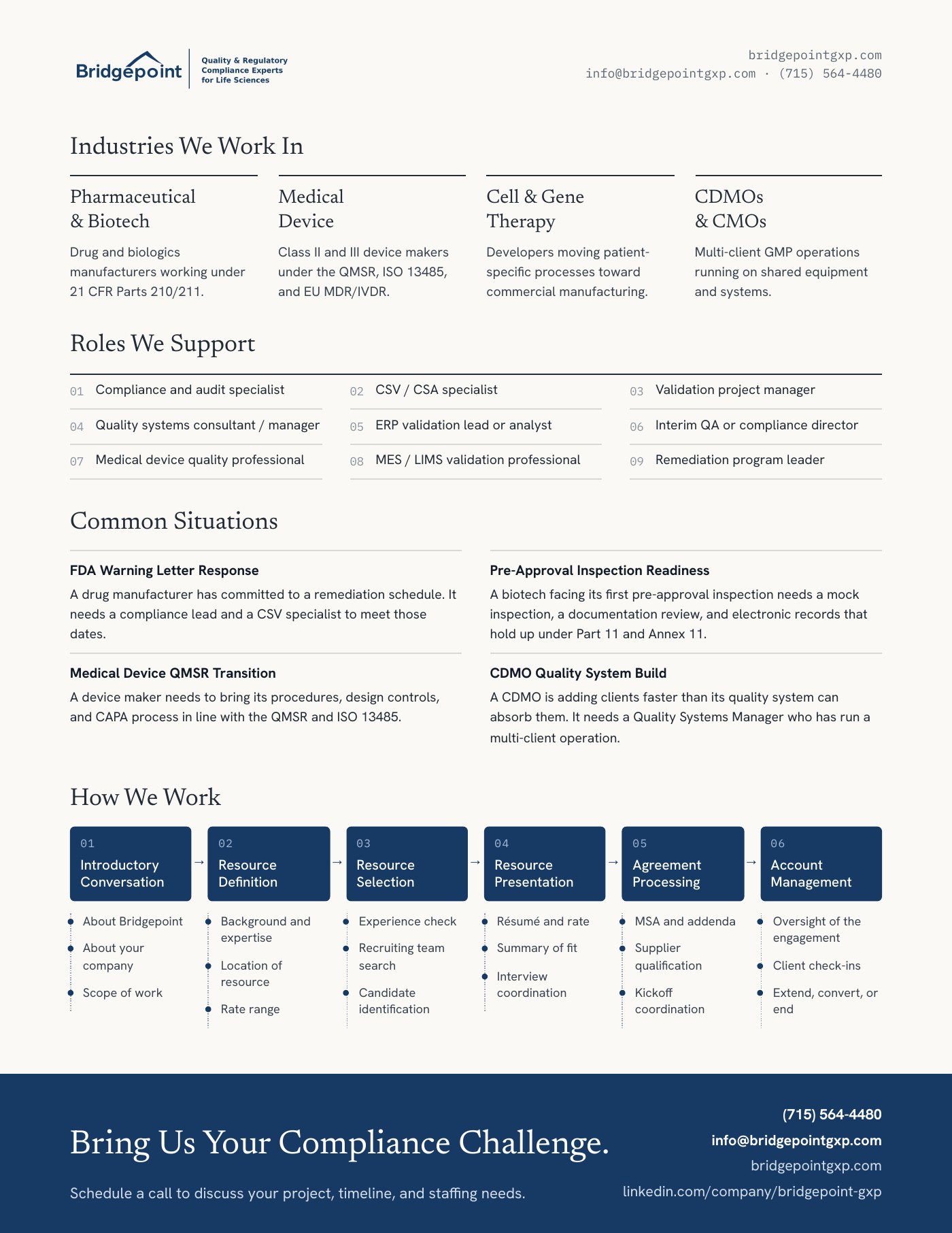Bridgepoint brochure, page 2: industries, roles we staff, common situations, and our process